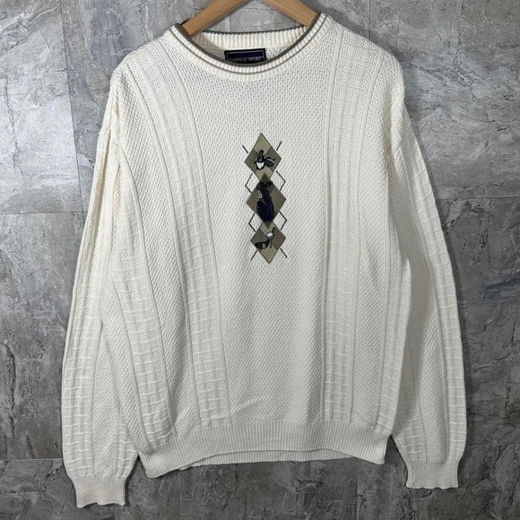 Other - VTG Textured Cotton Golf Embroidered Sweater Ivory Chunky Knit Cotton Adult M